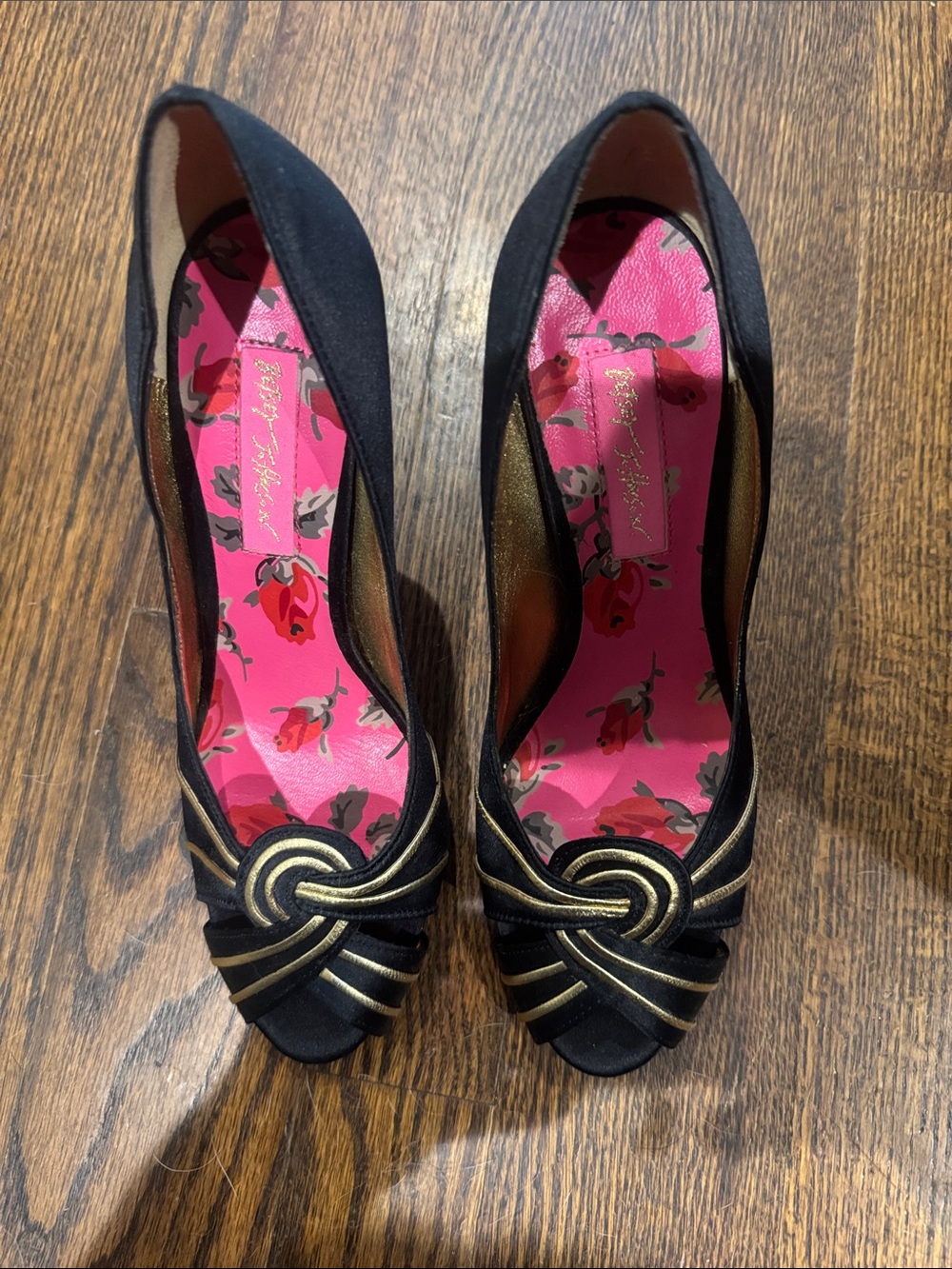 Betsey Johnson/Black Satin w/ Gold details/peep toe 4” heels/Size 6.5/NEVER WORN